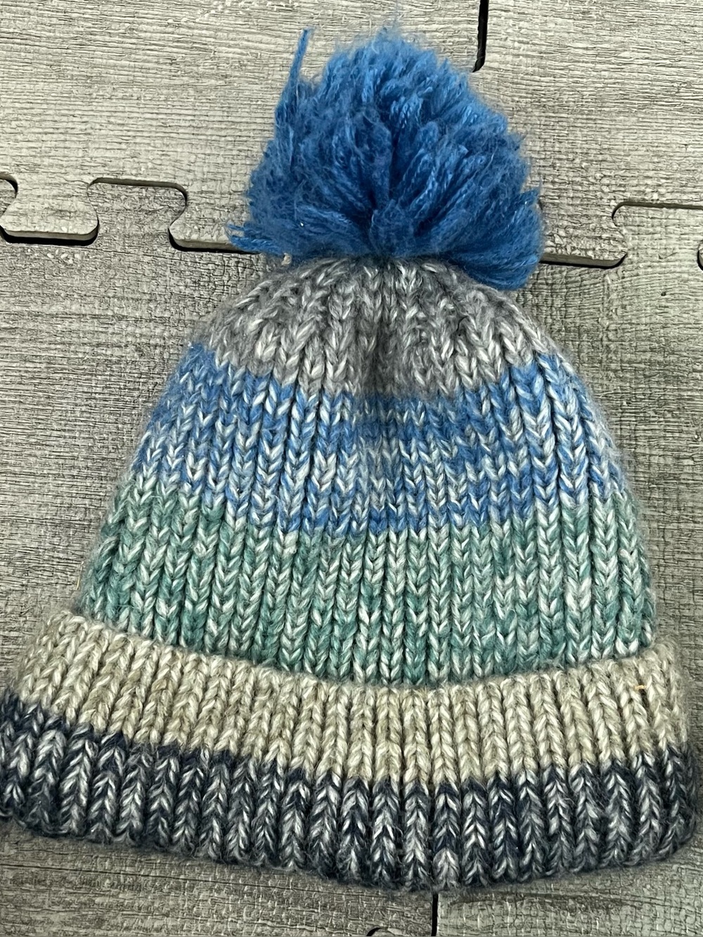Swiss Tech Knit Striped Pom Pom Beanie Hat, Blue/Gray, One Size